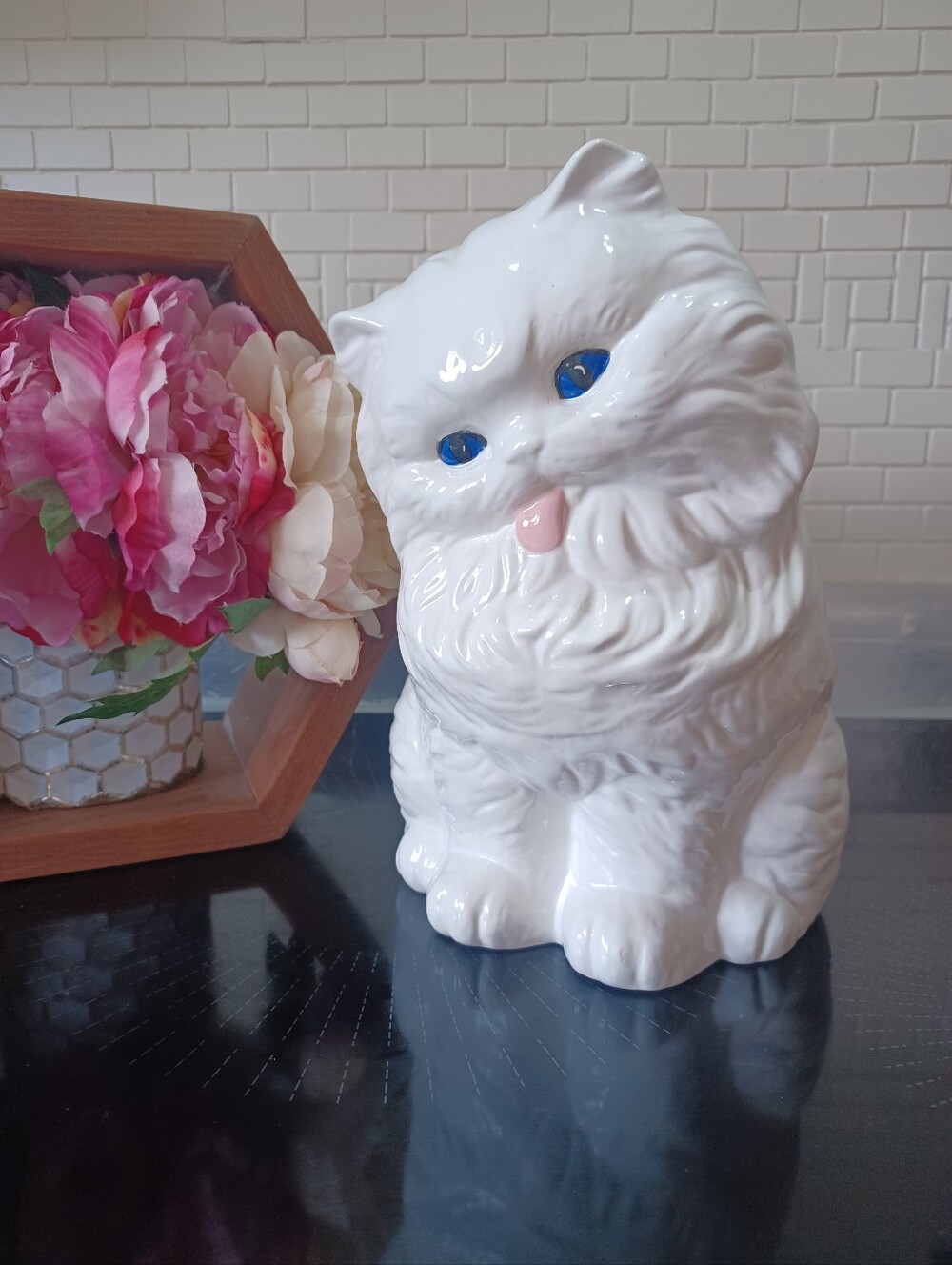 Vintage Ceramic Cat White Sitting Statue Persian Blue Eyes Kitsch Cute 10" Tall